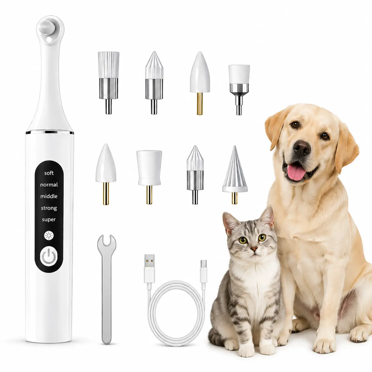 Pet Dental Plaque Remover for Dogs & Cats - 5-Mode Rechargeable Electric Tooth Cleaner, 9 Replacement Tips, USB Oral Care Kit treats