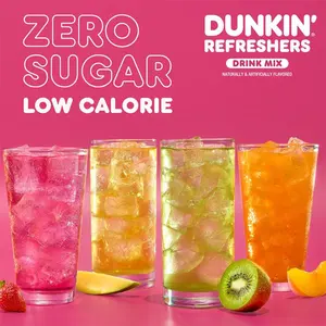 HOT! Dunkin’ Zero Sugar Refreshers Singles To Go! Powdered drink mix packets, Peach Passionfruit Lemonade,10 packets per box Energy from Green Tea, aspartame-free, no synthetic colors, naturally and artificially flavored, just add water