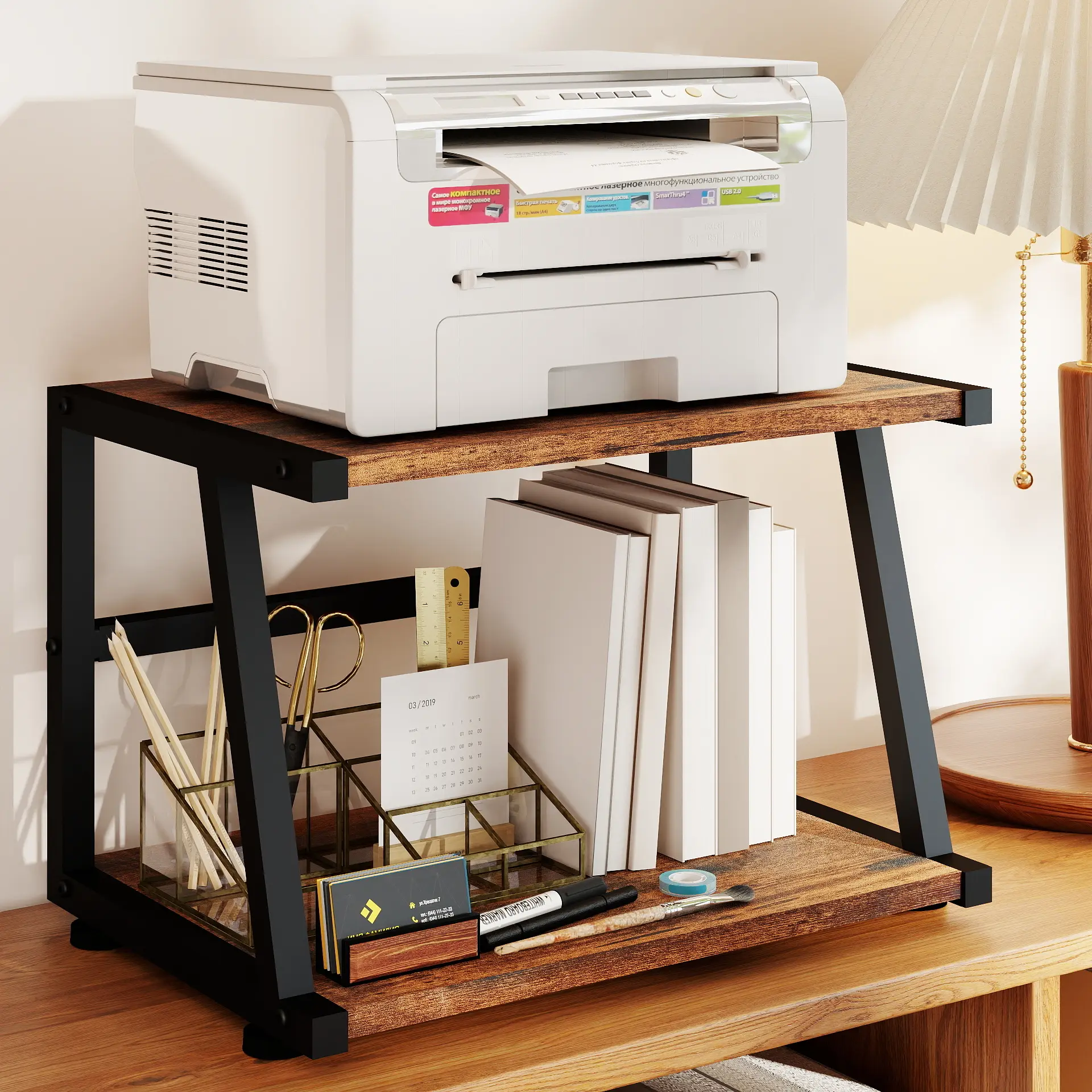 2 Tier Desktop Printer Stand with Storage Shelf Heavy Duty 17.3W x 11.8D x 11.8H Quality Engineered Wood & Laminate Ideal for Small Spaces summerwins Desk Mount