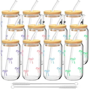 6/12 Pack Bow Pattern Glass Cups with Lids and Straws, 16oz Reusable Iced Coffee Cups, Glass Tumblers, Clear Water Bottle