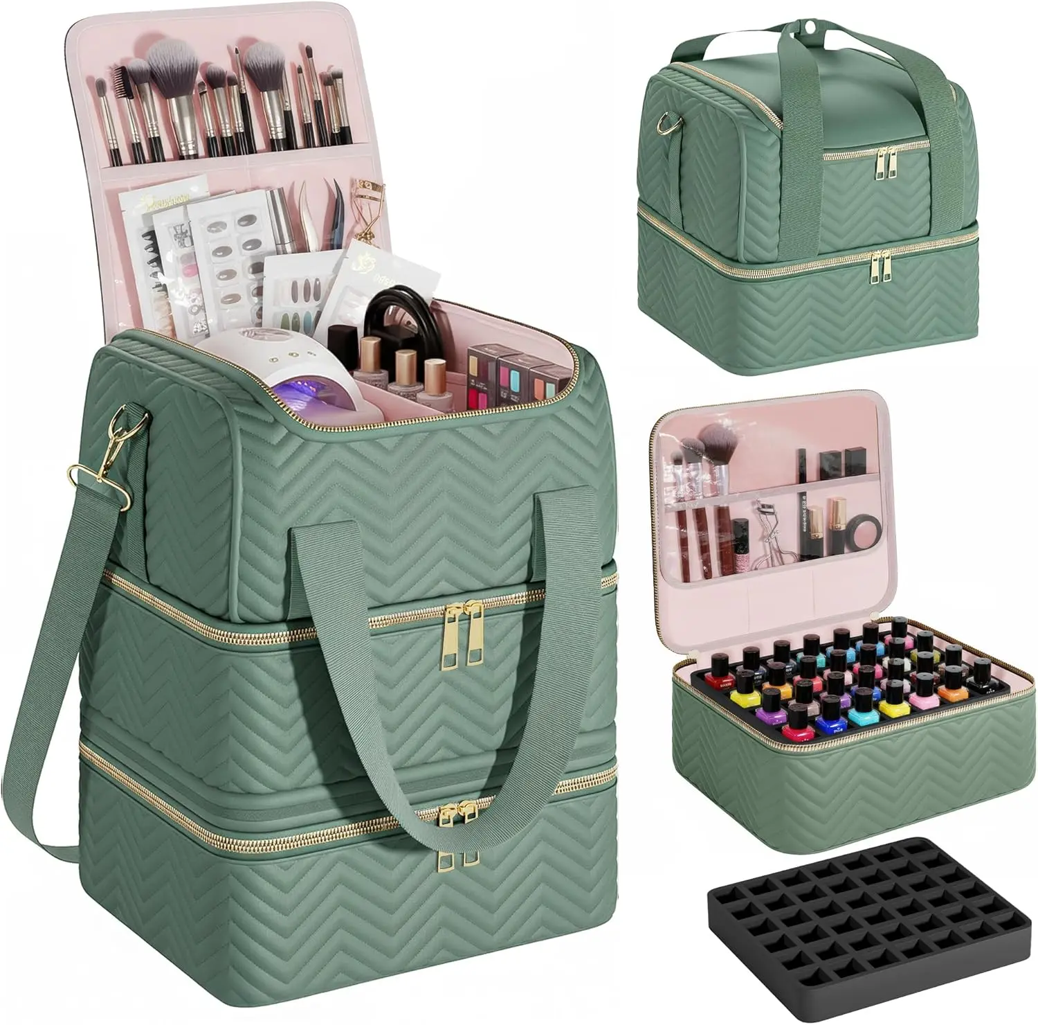Castal Nail Polish Organizer Bag–3-Layer–Holds 84 Bottles–Nail Organizers and Storage Bag with Detachable Bottom Section–Embroidered Nail Polish Case Organizer with Luggage Strap & Card Slot–Teal