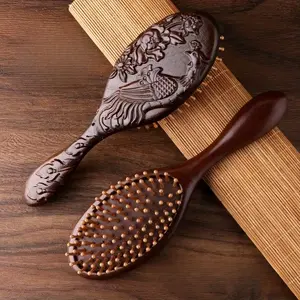 Hand Carved Wooden Cushion Comb with Bamboo Teeth, Elliptical Scalp Massager Brush, Suitable for All Hair Types, Wood Hairstyle Design Brush