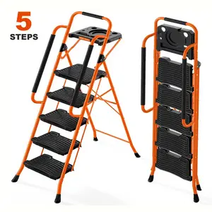 Sekam 5-Step Folding Ladder - 26lbs Lightweight,  Folding Step Stool with Wide Anti-Slip Pedal, Sturdy Steel Ladder, Dual Handrail, Lightweight, Portable Steel Step Stool for Home Clean, Maintenance, House Work, Kitchen, Painting