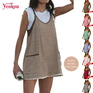 Yeokou Women's Summer Athletic Dress with Built-in Shorts - Sleeveless V-Neck Striped 95% Cotton 5% Spandex, Casual Wear, Women's Clothes, Beach Outfits, Tennis Workout Vacation, XS-XXL Brown,summerwins