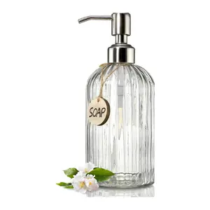 Glass Soap Dispenser 18oz with Stainless Steel Pump, Refillable Liquid Hand Soap Dispenser for Bathroom Kitchen Sink, Clear Soap Bottle
