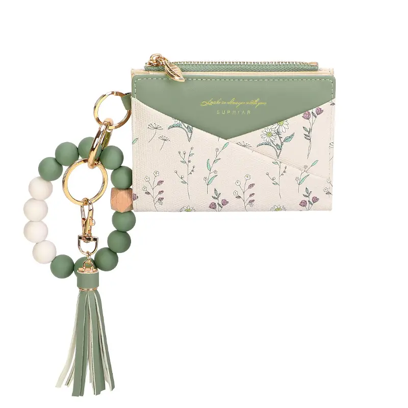 Women's Boho PU Leather Wallet - Waterproof, Flower Pattern, Floral Print, Zipper Coin Purse, Colorblock Card Holder, Beaded Bracelet, Tassel, Anti-Lost Wristlet, Hands-Free Lightweight Slim Bohemian Graduation Gift Storage Bag
