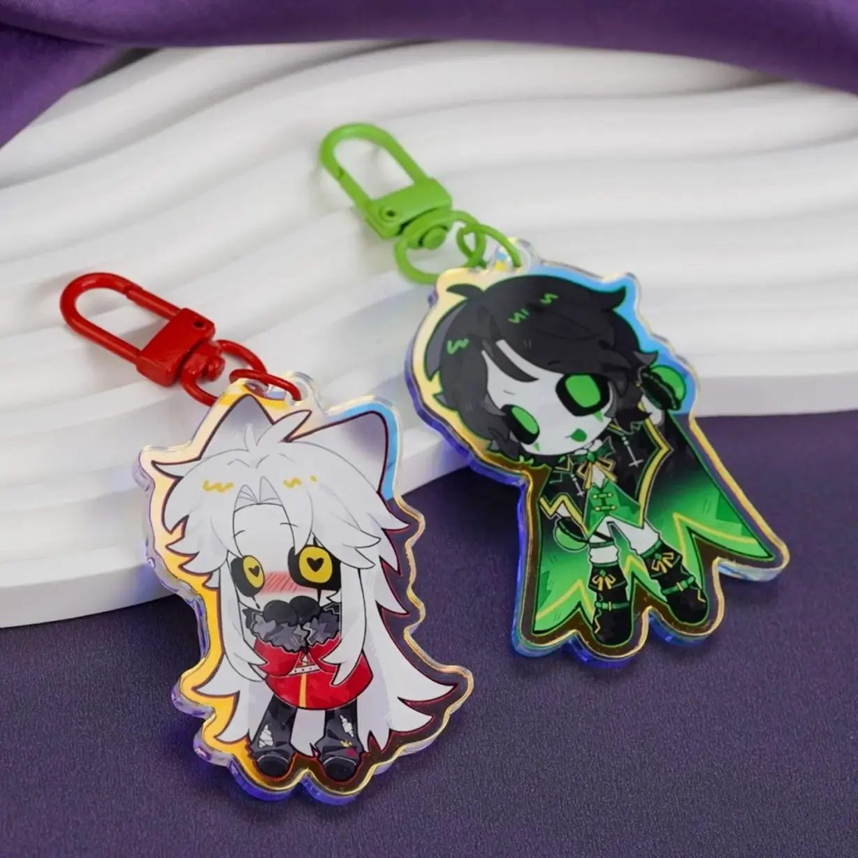 The Freak Circus Holographic Keychain Set | Pierrot & Harlequin Chibi Clown Acrylic Key Ring | Spooky Gothic Bag Charm Gift