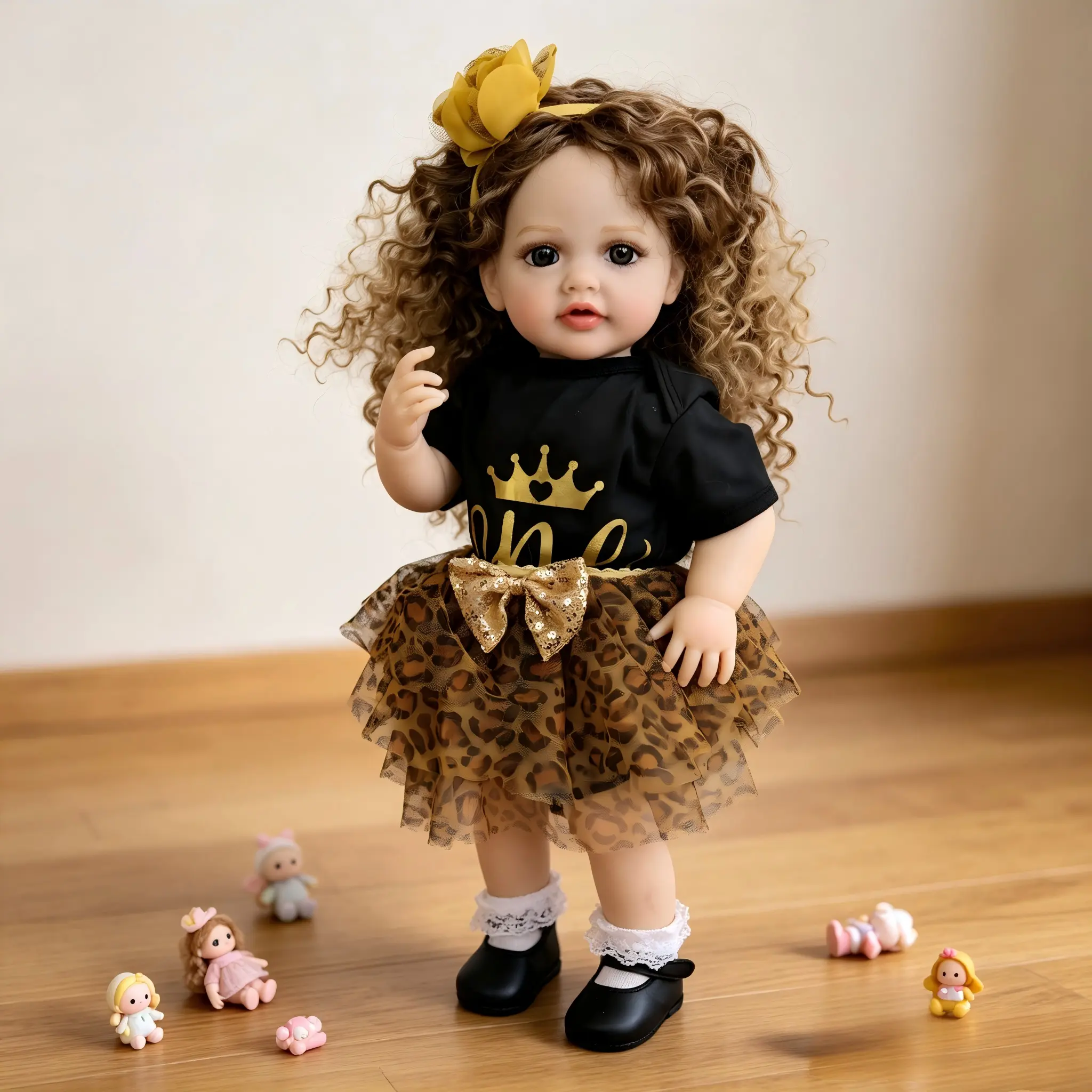 22" Reborn Baby Doll All-Vinyl Toddler Girl Doll with Ombre Curly Hair & Leopard Crown Dress - Straight Legs, Magnetic Pacifier & Accessories Greatful Birthday Christmas Gift for Kids 3+ Viral Dollcore Set