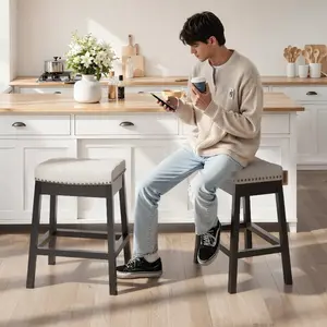 Set of 2 Backless Counter Stools with Solid Wood Frame, Upholstered Bar Stools for Kitchen Island, Dining Room & Home Bar