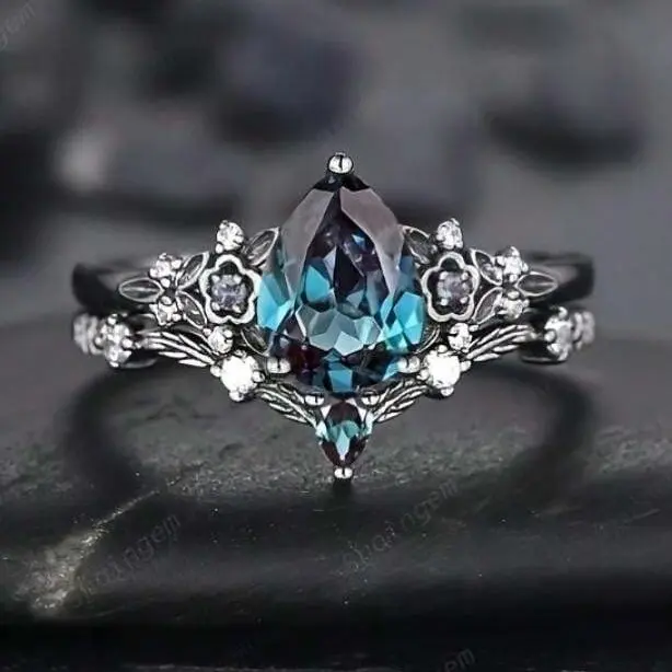 Pear Shaped Gold Engagement Rings 2 Pieces - Black Flower Engagement Ring Set with Black Magic Rings for Bride