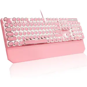 Typewriter Mechanical Gaming Keyboard, Retro Pink Punk Round Keycaps LED White Backlit Wired Keyboards with Detachable Wrist Rest for  and Office, for Windows Laptop PC  - Blue Switches