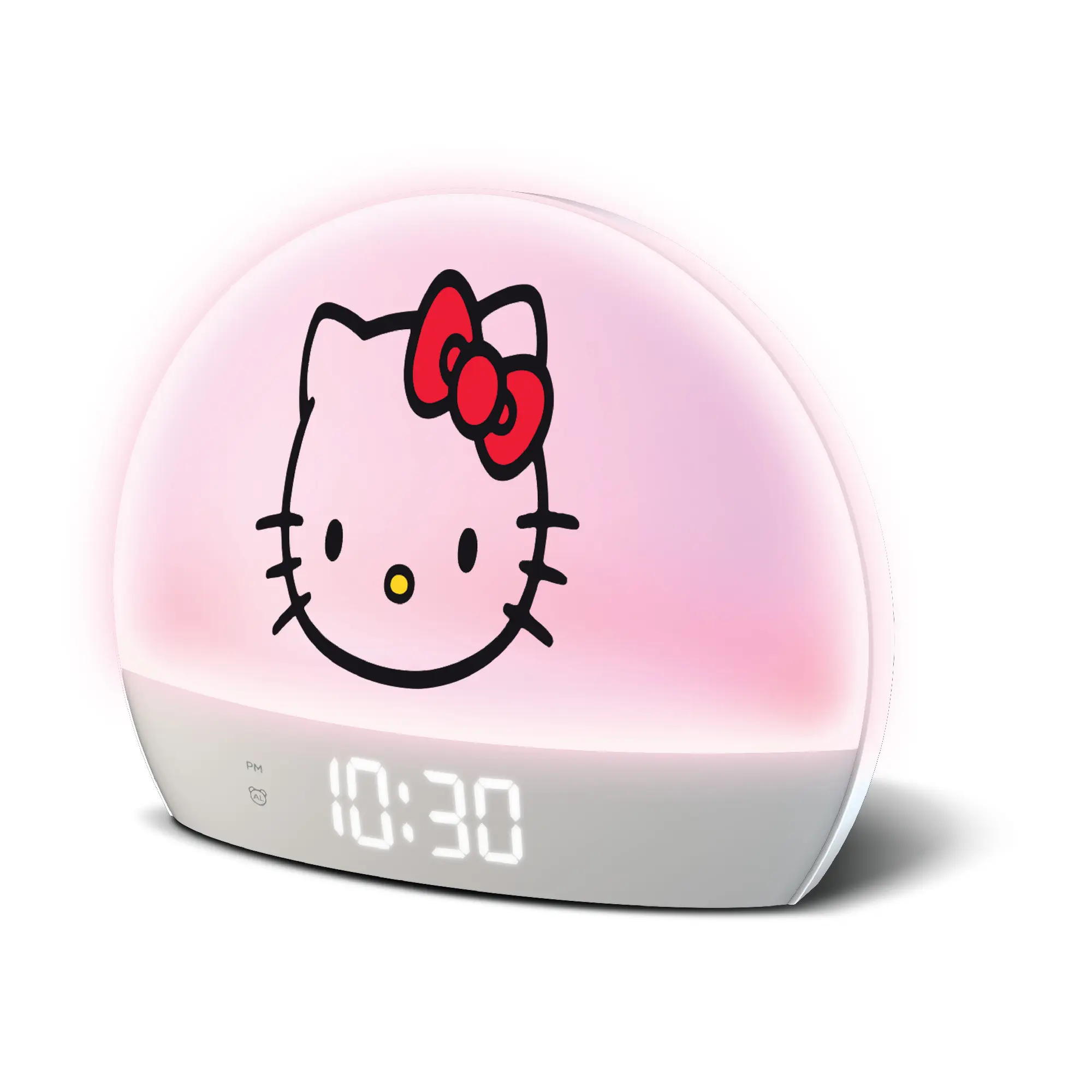 Hello Kitty Digital Sunrise Alarm Clock - USB-Powered Round Traditional Nightstand Tabletop Clock with USB Port, 6 Color-Changing Light Modes, Kid Room Aesthetic Home Decor for Waking Up