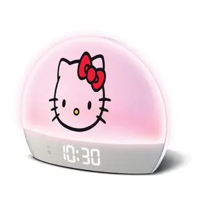 Hello Kitty Sunrise Alarm Clock, USB Powered Digital Bedside Clock with Color Changing Light, 6 Color Modes, White Room Decor