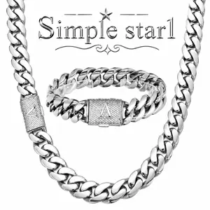 Silver Stainless Steel Miami Cuban Chain & Bracelet Set, 14MM Thick Cuban Link Jewelry with A–Z CZ Initial Clasp, Hip Hop Gothic Street Style, Personalized Statement Jewelry for Daily Wear