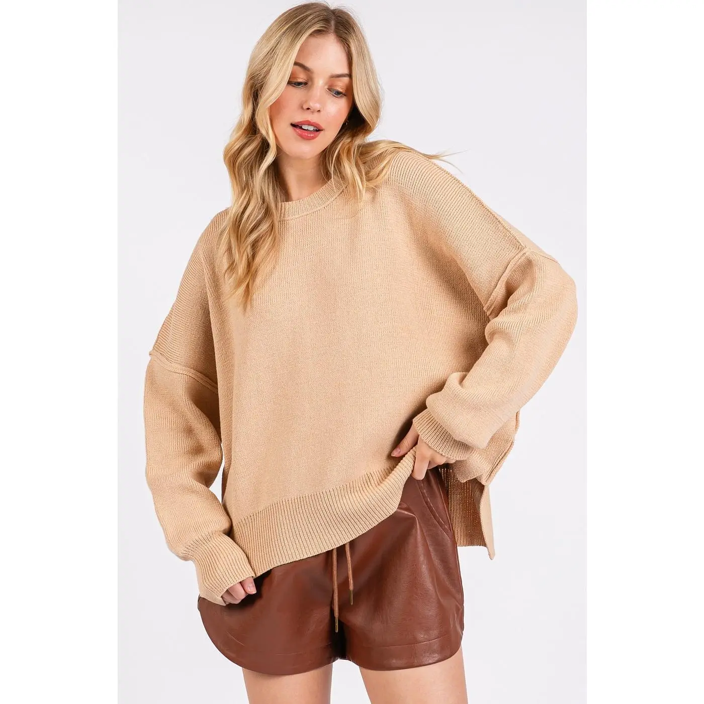 Mittoshop Side Slit Round Neck Drop Shoulder Sweater