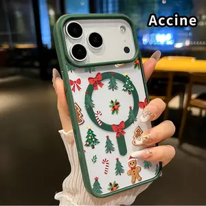 Magnetic Phone Case for iPhone 17 Pro Max 16 Plus 15 14 13 12 11 Air E Christmas Delight Pattern Non-Yellowing Shockproof Soft Silicone Transparent Acrylic Cover Supports Wireless Charging.