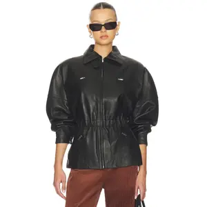 AEXAE Leather Cinched Mid Jacket in Black