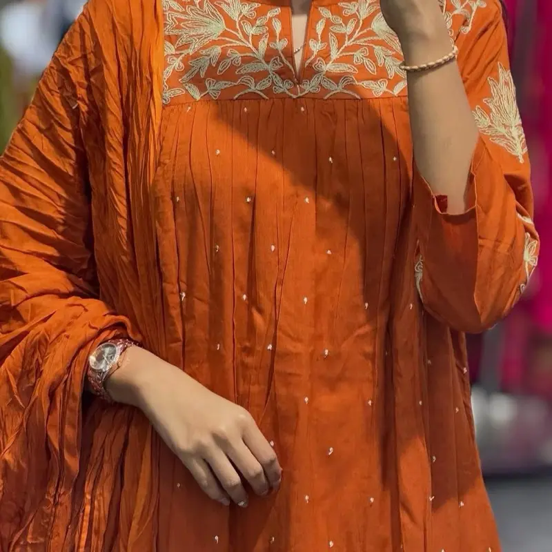 Women's Orange Cotton Suit Indian Party Wear Summer Collection Casual Set with Floral Embroidery Design