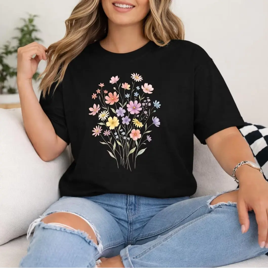 Wildflower Shirt for Womens, Floral Graphic Shirt, Boho Flower Tees, Soft Cotton Casual Printed Shirt, Natural Inspired Summer Tops