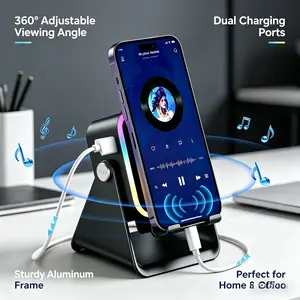 Wireless Induction Audio Speaker Stand,5in1 Cellphone Holder,360° Adjustable Mobile Tablet Stand with Colorful Ambient Light Gifts for Men Women