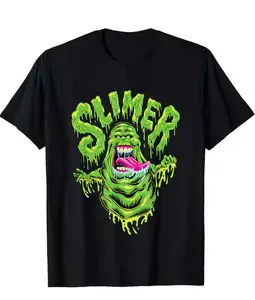 Ghostbusters Slimer American Retro Black Short-Sleeved Unisex T-Shirt, Classic Movie Slime Ghost Graphic, Nostalgic Streetwear for 80s Film & Cult Enthusiasts, Unique Vintage Pop Culture Statement Piece Y2K Tee casual black polyester tee t-shirt y2k