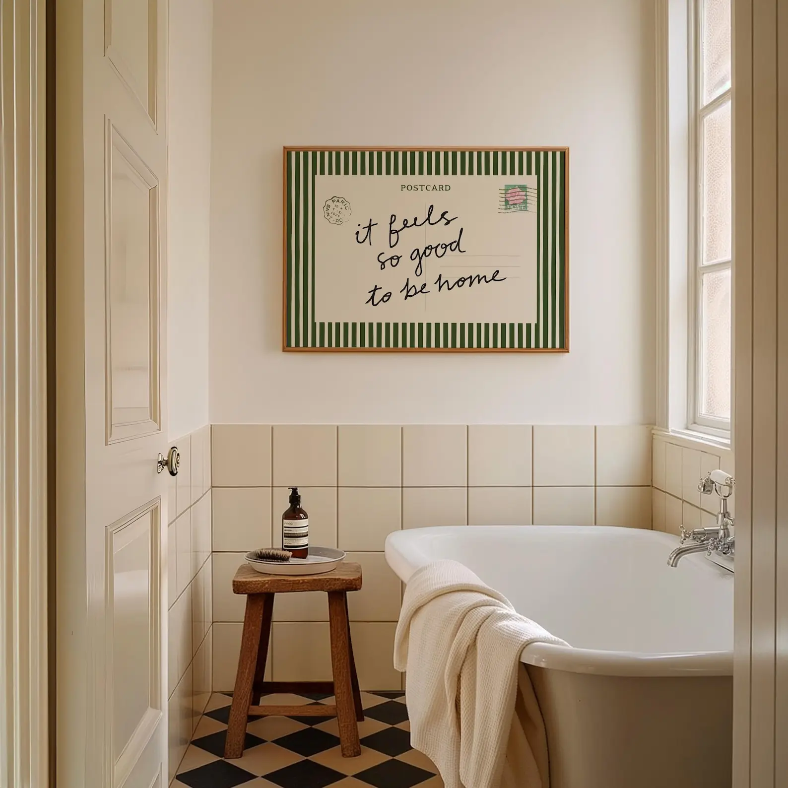 It Feels So Good to Be Home Wall Art: Vintage Postcard Quote Print, Coquette Green Striped Aesthetic Poster (Digital Download, Horizontal)