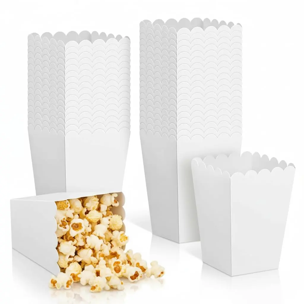 40 Pack White Mini Popcorn Boxes - 3x4.2x2.2 in Cardboard Snack Containers, Scalloped Disposable Treat Boxes for Party Supplies, Movie Night