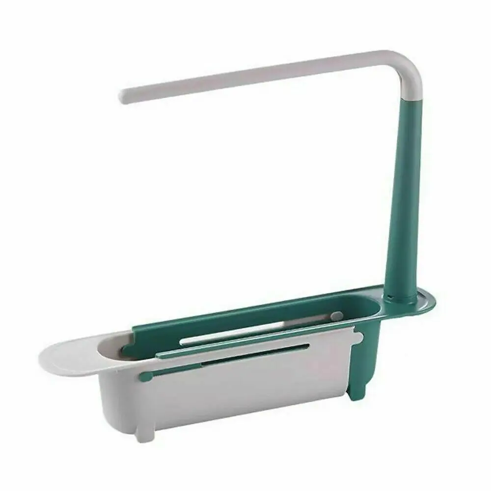1 PCS Upgraded Telescopic Sink Organizer Rack - 2-in-1 Expandable PP Storage Tray with Buckle, Hollow Basket, Sponge Soap Holder, Cloth Hook, Easy Installation, Space-Saving Kitchen Countertop & Sink Area Organizer (Green)
