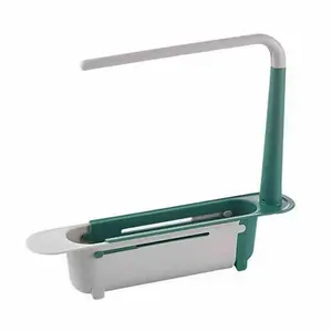 1PCS Upgraded Telescopic Sink Storage Rack, 2-in-1 adjustable Length Sink Storage Tray Sponge Soap Rack With Cloth Hook, Expandable Storage Drainage Basket, Suitable For Home Kitchens(Green）)