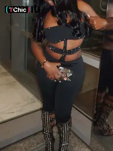 DOUCIU Basic Solid Color Simple Casual Tight Sexy Hot Hip Hop Trendy Cool Nightclub Party Pant Women's Thin Rivet Hanging Neck Bareback jumpsuit