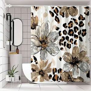 Modern Floral and Leopard Print Shower Curtain, Stylish Bathroom Decor, Bold Flower Patterns, Background, Spring Refresh, Contemporary Aesthetic, Bathroom Decoration Accessories, Bathroom Curtains