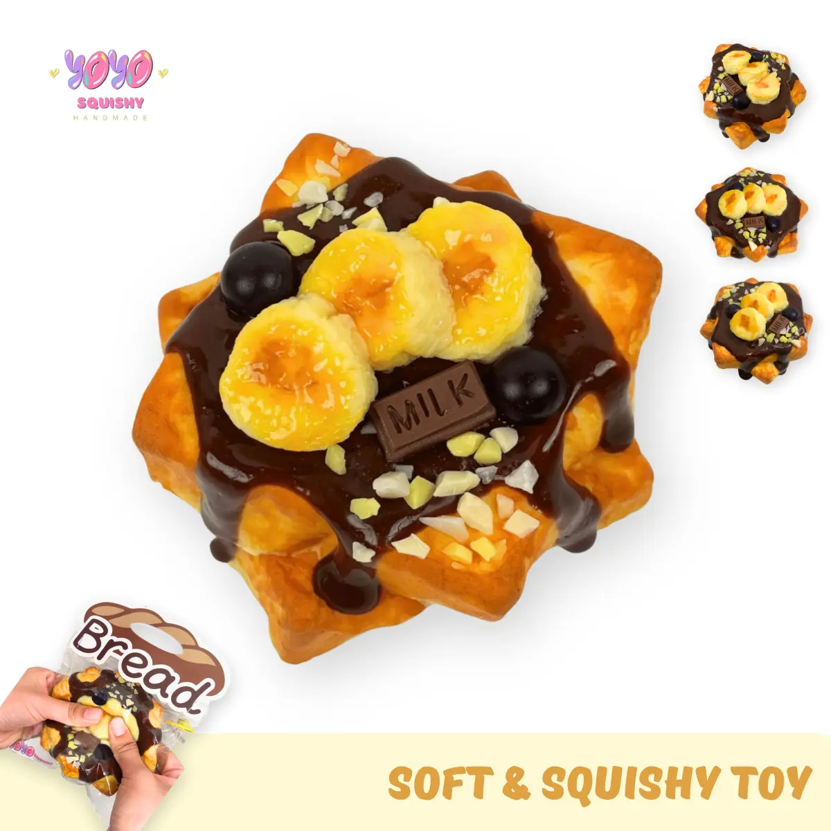 YOYOSQUISHY Handmade Chocolate Banana Toast Taba Squishy Toy, Kawaii Squishies, Soft Squishy Silicone with Muddy Texture, Stress Relieving Accessory, Adorable Gift Box for Gifting, 7.5Cm × 7.5Cm × 4.5Cm