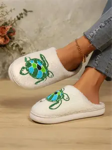 Cute Turtle Embroidered Plush Slippers for Women, Warm House Slippers, Round Toe Slippers, Warm Indoor Outdoor Non-Slip Soft Sole Shoes, Fall Winter Home Wear