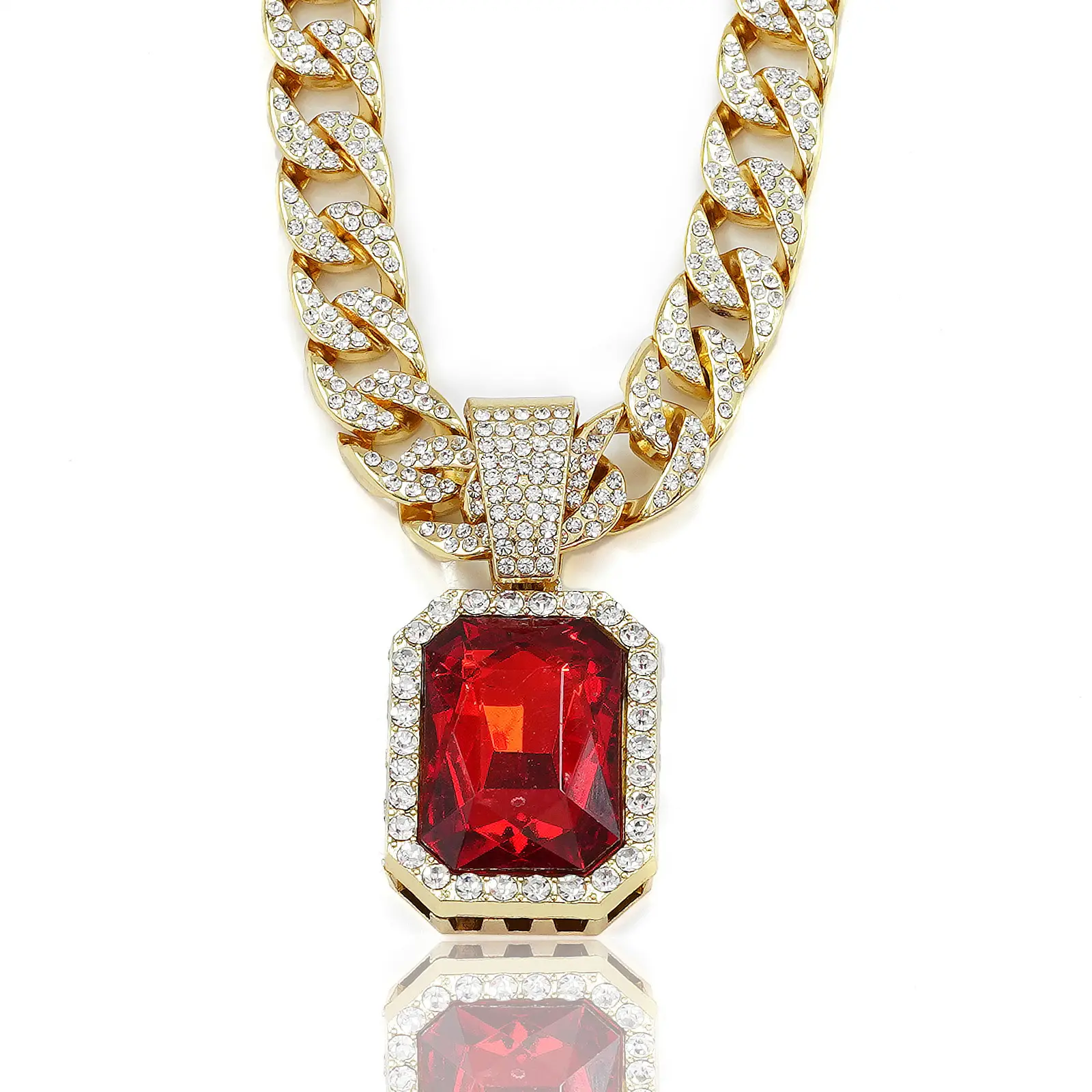 Fashion Square Red Full Diamond Pendant Necklace Men's Trendy Hip-Hop Cuban Chain