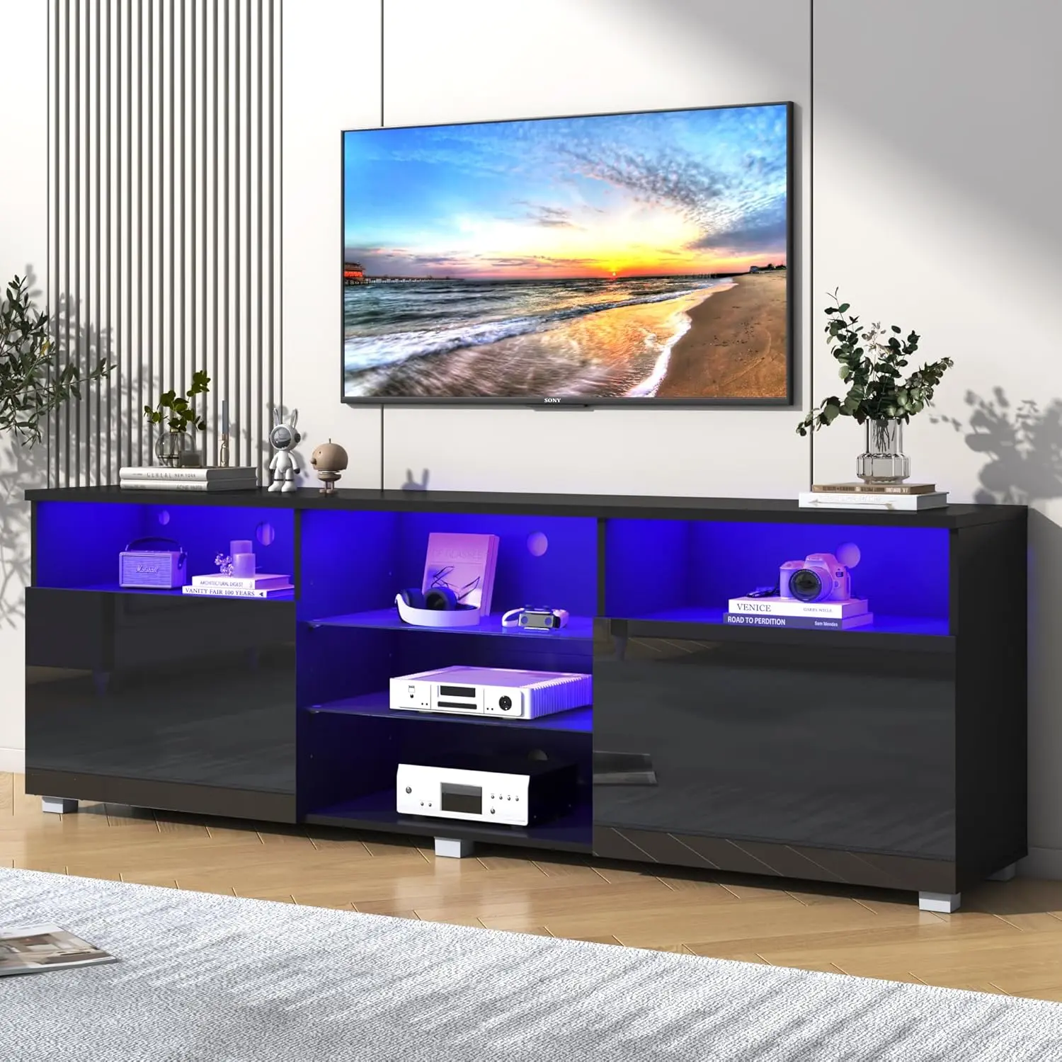 Modern LED TV Stand for 65-90 Inch TVs, High Gloss Media Console with RGB Lights & App Control, Storage Cabinet Entertainment Center for Living Room