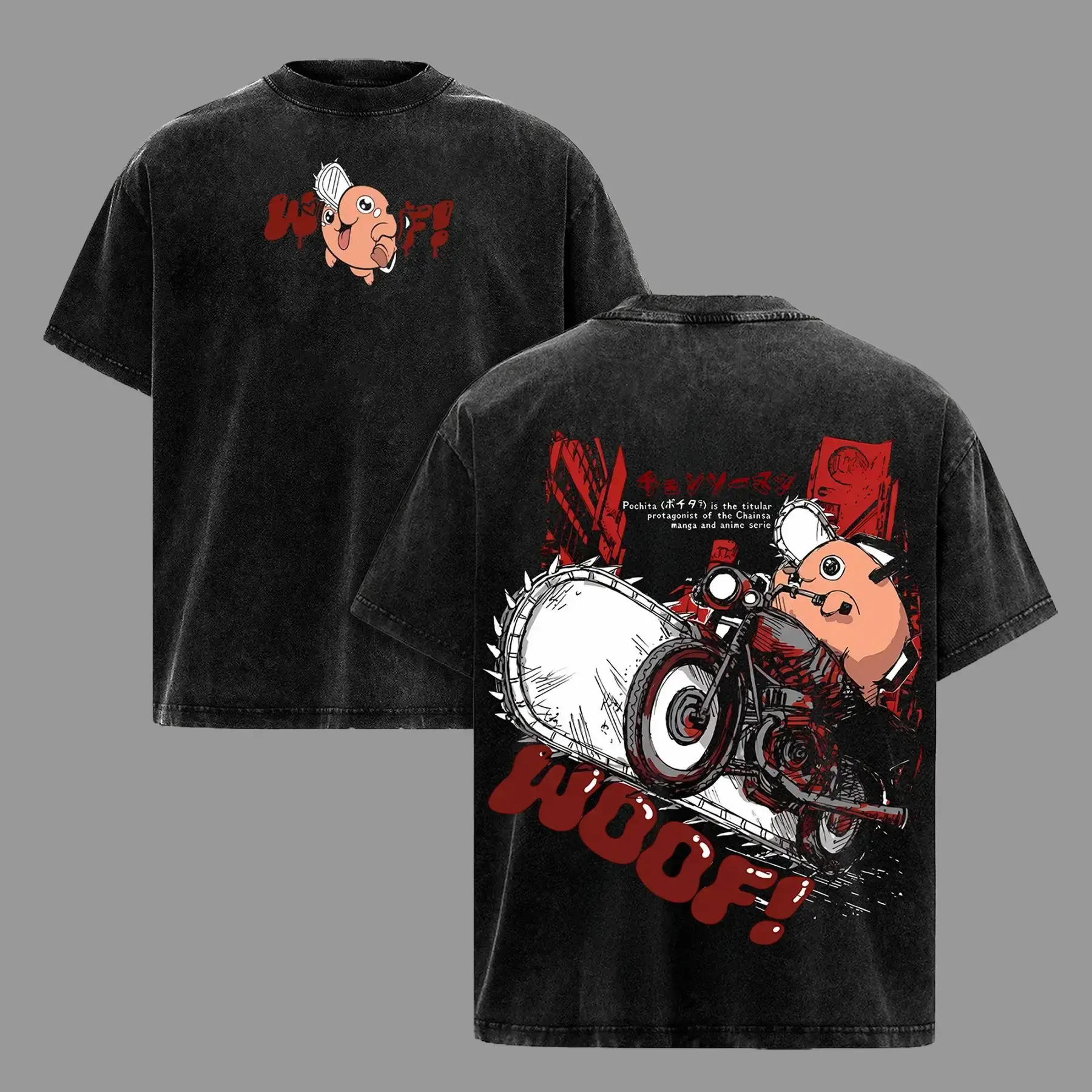 Men's Unisex Chainsaw Man Pochita Graphic T-Shirt - Retro Washed Look, Relaxed Fit, Baggy Oversized Heavy Cotton, Short Sleeve, Round Neck, Double Print, Retro Streetwear Gift for Fans, Made To Order, 2XL