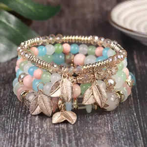 Bohemian Leaf Pendant Bracelet, Elastic Cord Beaded Multi-Layered Handmade Jewelry, Unique Ethnic Style Accessory for Women & Girls
