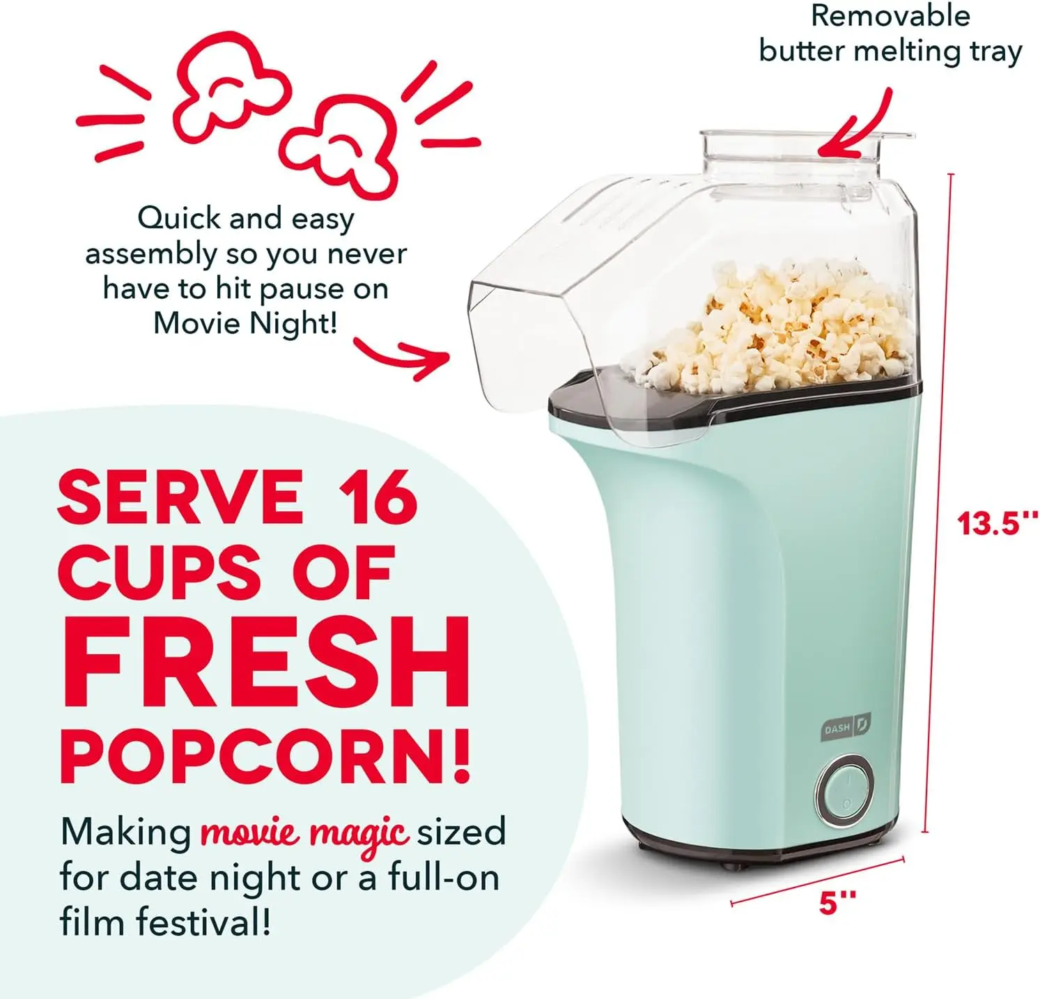 1200W Hot Air Popcorn Popper ETL Certified – Oil-Free Healthy Popcorn Maker Machine with 4.5 Quart Large Capacity, 2-Minute Fast Electric Popcorn Machine for Movie Night, Party, Snack（White）