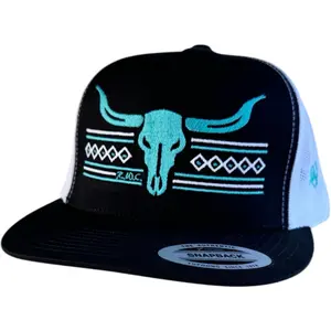 RW Aztec Toro Adjustable Snapback Cap, Trucker Style Hat with Embroidered Bull Head Patch in Black and White
