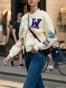 Women's College Style Letter Fitted Spring Baseball Jacket, Patchwork Embroidery Flight Coat, Street Casual Windbreaker, Fashionable Outerwear