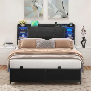Upholstered Bed Frame with Soft PU Leather Headboard, Modern Storage Design, Intelligent RGB LED Lights, Luxury Comfort for Bedroom
