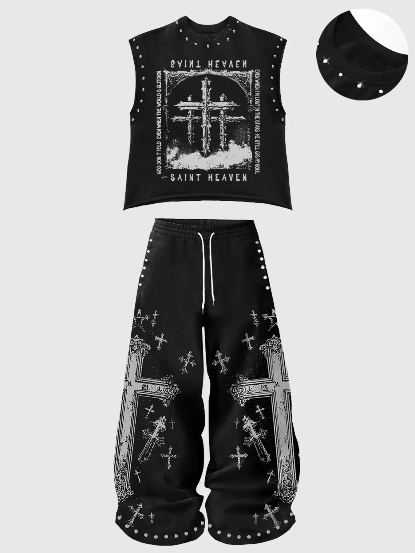 Men's Gothic Style Tank Top and Pants Set, Cross-Print Swing-Leg Pants, Edgy Religious Theme Streetwear for Spring and Fall