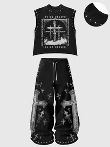 Gothic Style Men's Casual Tank Top and Pants Set, Cross Print Swing Leg Pants, Graphic Fitted Streetwear for Spring & Fall, Edgy Religious Theme, Outfit