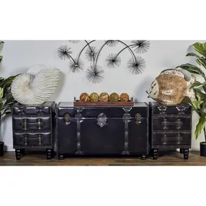 Set of 3 Brown Faux Leather Vintage 4 Drawer Room Storage Bench with Strap Handles and Turned Legs
