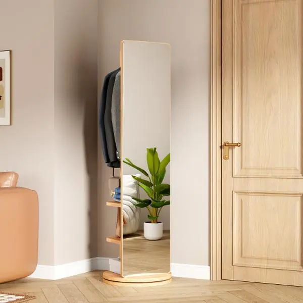 Bellemave Large Walnut 360° Rotating Rubberwood Full-Length Mirror (66"x17.8") - Modern Decor, Multifunctional Indoor Coat Rack with Hook Storage, Large Size Room Decor for Bedroom, Home Gym Convenience