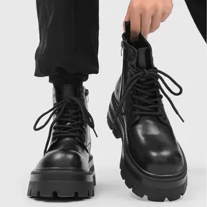 Black Leather Boots Men's Chunky｜Leg-Lengthening Cleanfit Military Streetwear Outfits