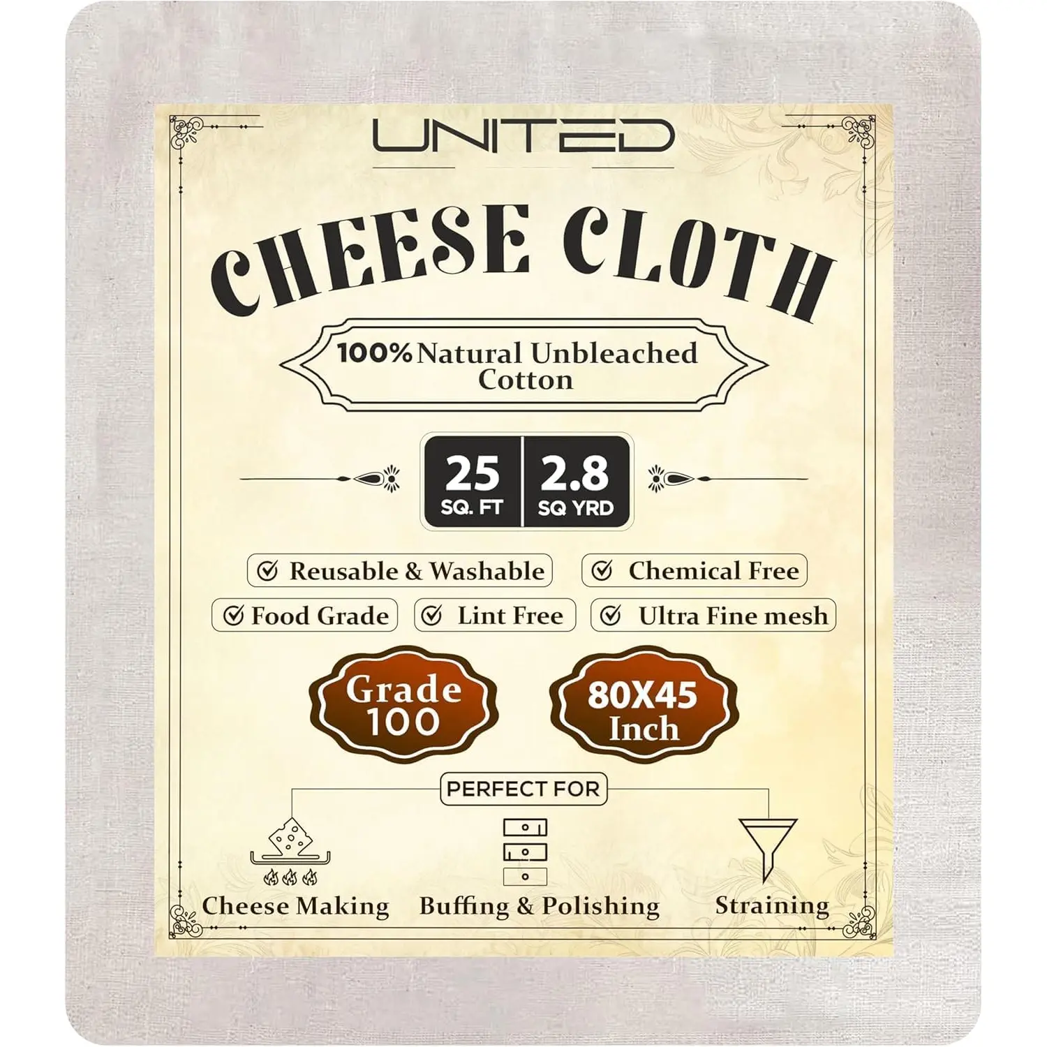 Household Pure Cotton Cheese Cloths, 100-Grade Fine Mesh with 2 Hemmed Edges, 80x45in (2.8 Sq Yard/24 Sq Ft) Durable Straining & Cheese Making Cloths