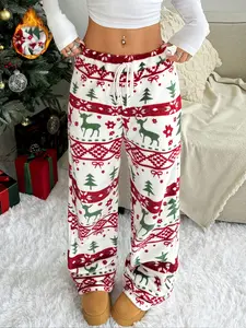 Women's Plush Wide Leg Pants, Christmas Long Fleece Trousers, Soft & Cozy Winter Wear, Perfect for Holiday Season, Casual Lounge Pant