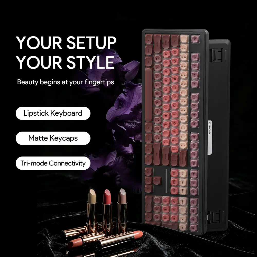 FURYCUBE IP108 PRO Foundation Lipstick Keyboard, 108 Full-key Tri-mode Cute Silent Keyboard with Number Pad, Home Key, Mechanical Feel Keyboard, RGB Lighting Ergonomic Computer Office Gaming, Tiktokshopsummersales, Gift, pc accessories