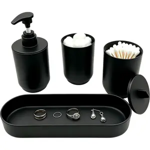 4-Piece Bathroom Accessories Set, Matte Black Plastic Countertop Organizer with Lotion Soap Dispenser, Tumbler, Cotton Swab Cup & Vanity Tray – Modern Bathroom Decor for Home